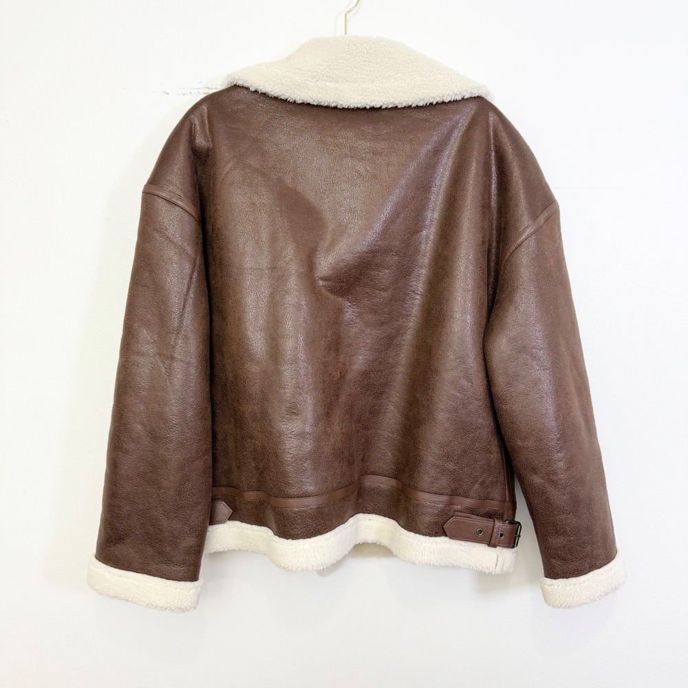 Lioness Heiress Brown Vegan Leather Sherpa Aviator Jacket Size S - Picture 6 of 6
